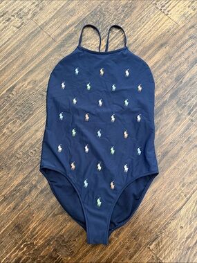 Ralph Lauren Navy One-Piece Swimsuit with Multicolor Pony Logos Size 16 Girls
